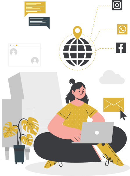 Illustration of a person using a laptop surrounded by digital media and communication icons
